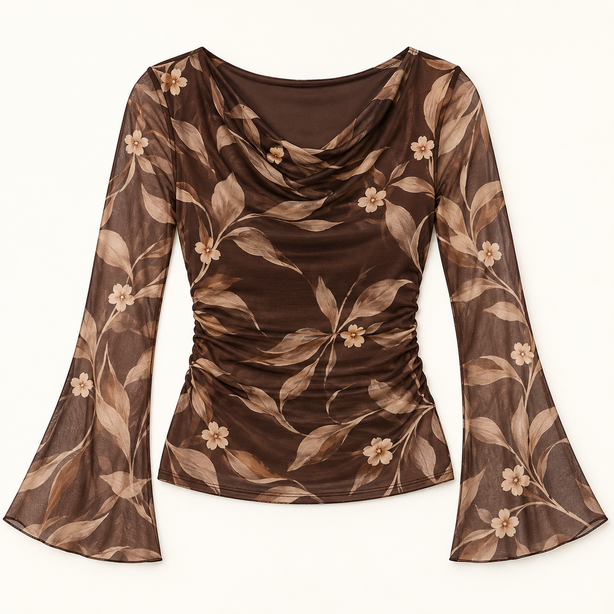 Women's Botanical Print Cowl-Neck Mesh Top