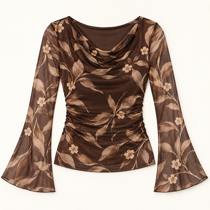 Women's Botanical Print Cowl-Neck Mesh Top