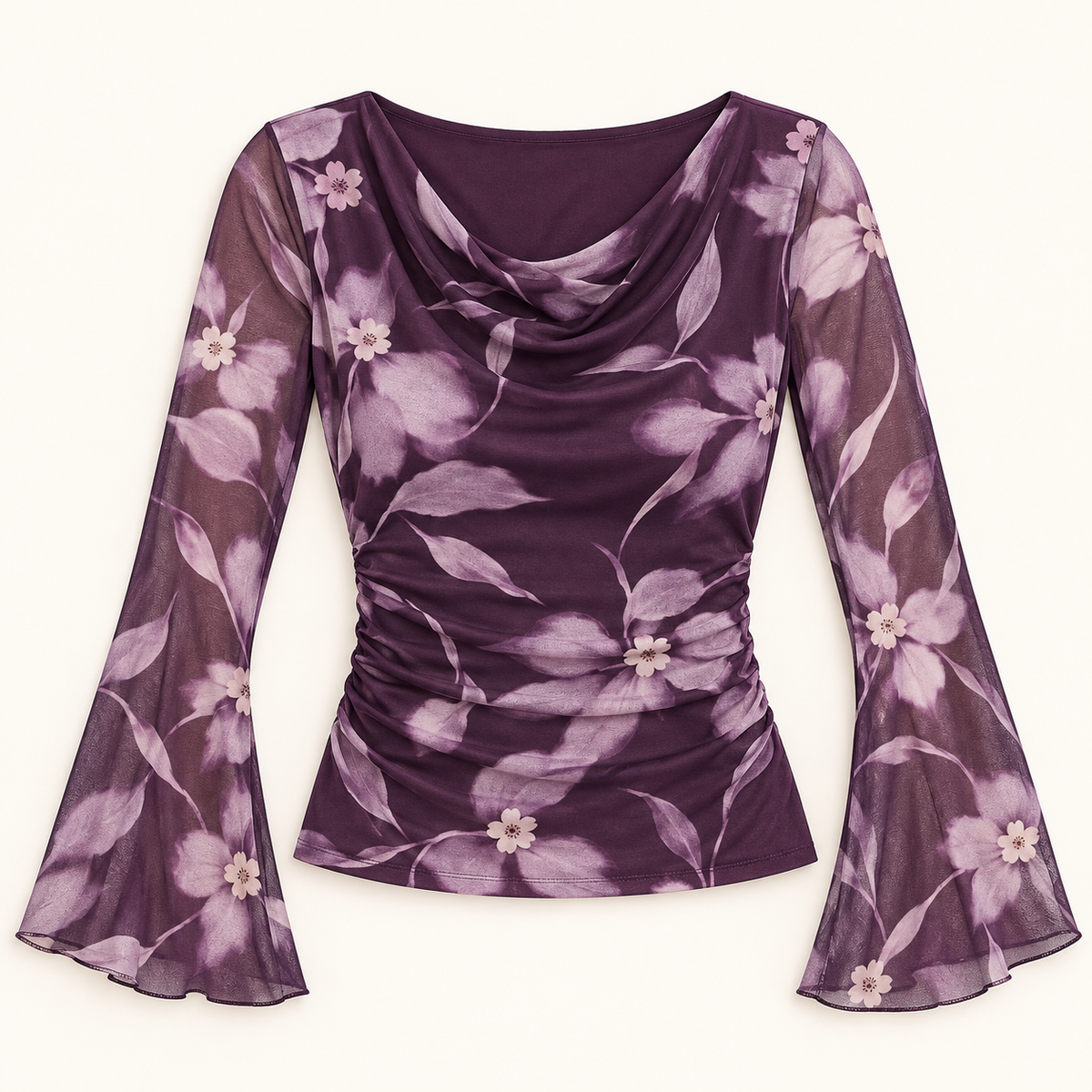 Women's Botanical Print Cowl-Neck Mesh Top