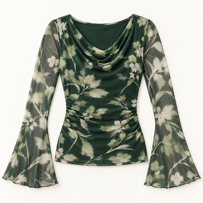Women's Botanical Print Cowl-Neck Mesh Top